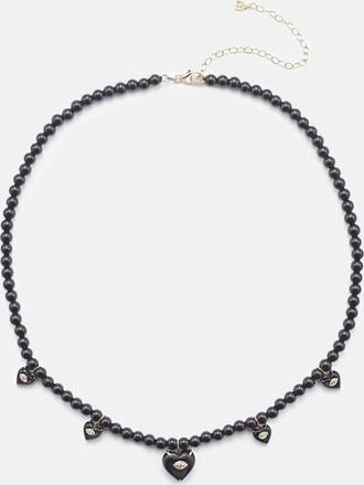 Sydney Evan Carved Heart 14kt gold beaded necklace with diamonds and onyx
