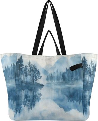 Generic Mountain Lake Blue print Reusable Canvas Tote Bag, Heavy Duty Grocery Shopping Bag with Hard Bottom Large Capacity Double Handles Work Groceries Trave
