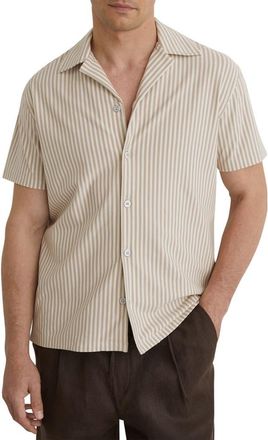 Reiss Aurelia Stripe Cotton Blend Camp Shirt in Stone/white at Nordstrom, Size X-Large