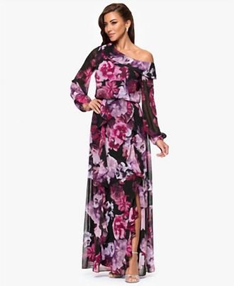 Xscape Printed Asymmetrical Long-Sleeve Maxi Dress In Nadia Print