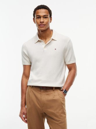 Tommy Hilfiger Mens Short-Sleeve Heathered Sweater Polo - Ivory Petal - XXL