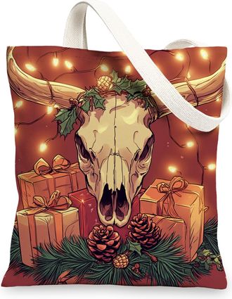 Generic Christmas Western Cow Skull Canvas Tote Bag for Shopping 13x15, Cool Xmas Southwestern Reusable Grocery Print Bag for Women Men, Holiday New Year Aest