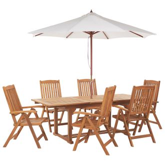 Beliani Conjunto De Comedor 6 Plazas De Madera De Acacia Beige Cojines Sillas Sombrilla Java