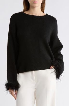Wayf Feather Trim Sweater in Black at Nordstrom Rack, Size X-Small