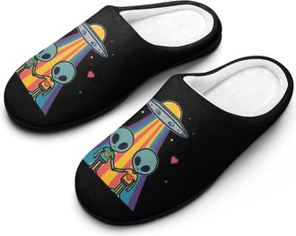 Generic Aliens Holding Hands Rainbow Heart LGBT Mens Slippers Comfortable And Non-slip Cotton Slipper Shoe for House