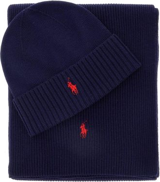 Ralph Lauren Blue Scarf And Beanie Set With Pony Embroidery On The Front In Wool Man