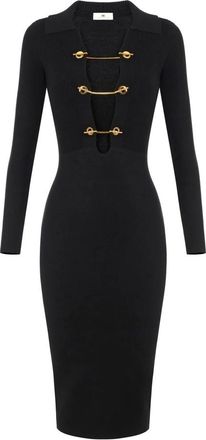 Elisabetta Franchi Gebreide jurk met juwelenkettingen - Dames - Kleedjes - Zwart - XL - Polyester - Kleedjes