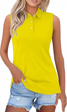 Generic Womens Sleeveless Golf Polo Shirts Buttons Collared V-Neck Cotton Casual Sports Gym Yoga Tennis Tops Quick Dry Workout Activewear Running T-Shirts Yel