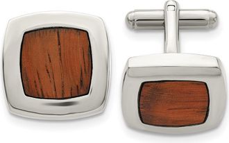 Diamond2Deal Stainless Steel Polished Koa Wood Inlay Rounded Square Cufflinks