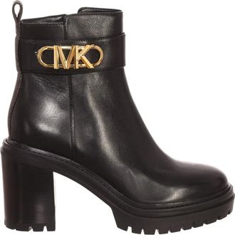 Michael Kors Ronde Neus Metalen Enkellaarzen - Dames - Laarzen met Hak - Zwart - 40 1/2 EU - Leer - Schoenen