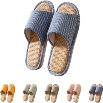 Generic Japanese House Slippers Linen Indoor Slippers Couple Silent Slipper Open Toe Non-Slip Slipper Memory Foam Indoor Shoes Unisex Casual Sliders For Women