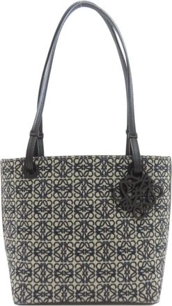 Loewe Beige Black Navy Canvas Leather Tote Bag (Pre-Owned)