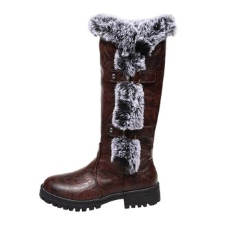 Generic Boots For Women Chunky Sole Round Toe PU Leather with Buckle Mid Calf Snow Boots Elegant Stylish Casual Shoes Comfortable Autumn Winter size 5.5