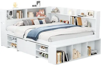STILVORA Cama Combinada 140 X 190 Cm De Contrachapado, Cama Individual Con Cajones, Estantes Y Almacenamiento, Sin Colch&oacute;n, Blanco