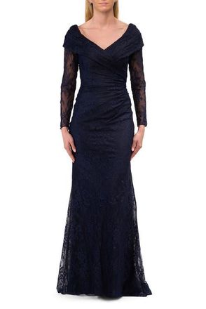 La Femme Lace Long Sleeve V-Neck Evening Gown in Navy at Nordstrom, Size 12