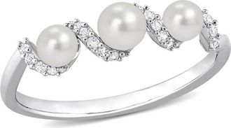 Amour Cultured Freshwater Pearl and 1/4 CT TGW Created White Sapphire Swirl Ring In Sterling Silver