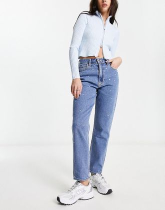 Hollister high rise knee rip embellished mom jeans in mid wash-Blue