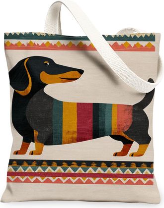 Generic Artistic Dog Canvas Tote Bags, Vintage Animal Pattern Reusable Grocery Bags, Lightweight Washable Shoulder Strap Canvas for, Beige, 13x15 Inch