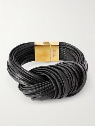 Bottega Veneta Bracciale In Pelle Con Finitura Oro Knot - Nero