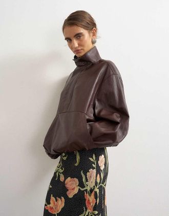 Topshop co-ord top in similpelle con collo a imbuto e fondo bombato, cioccolato-Marrone
