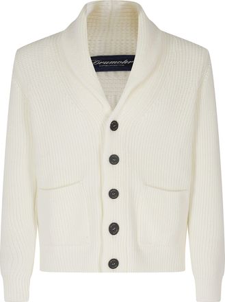 Drumohr Cream Shawl Collar Ribbed Knit Virgin Wool Cardigan