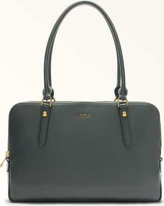 Furla Giulia Borsa Boston L Deep Green Pelle Stampata + Camoscio Donna