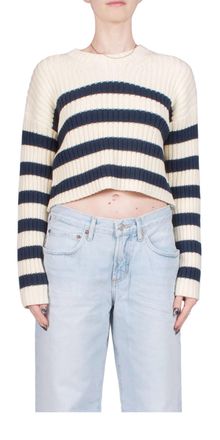 Denimist Striped Ribbed Cropped Sweater In Ecru W/ Navy