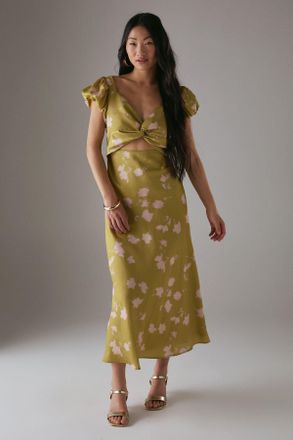 Warehouse Womens Petite Satin Knot Front Cut Out Midi Dress - Green - Size 10 UK