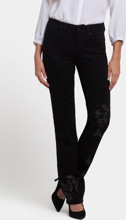 NYDJ Marilyn Floral Embroidered Straight Leg Jeans in Black Rinse at Nordstrom, Size 18P