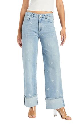 Tractr Floral Embroidery Wide Crop With Cuff Jeans In Light Indigo