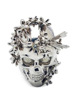 Alexander McQueen flower skull crystal ring - Argento