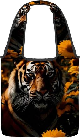 Generic Sunflower Sunset Tiger Reversible Canvas Shoulder Tote - Double-Sided Print, 12oz Cotton, 27cm Drop, Fold-Flat Bag for Travel, Shopping, Street Outing