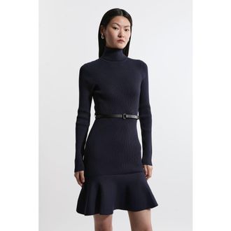 Karen Millen Roll Neck Belted Flippy Hem Mini Dress in Navy at Nordstrom, Size Medium