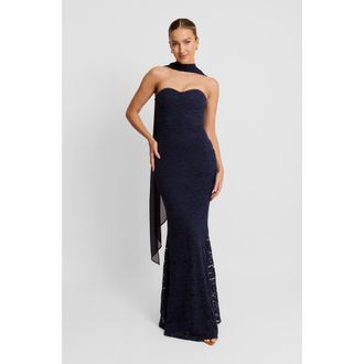 Six Stories Lace Corset Maxi Dress With Neck Scarf in Navy at Nordstrom, Size 14