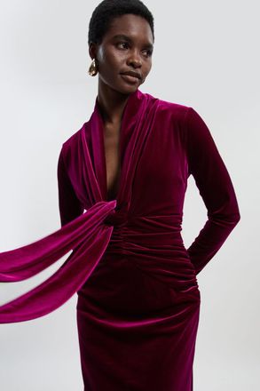 Karen Millen Womens Velvet Long Sleeve Wrap V Neck Maxi Dress - Purple - Size X-Small