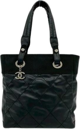 Chanel Pre-owned Paris Biarritz PM Leren Canvas Tote Bag - Dames - Vintage Shopper - Zwart - ONE Size - Leer - Vintage