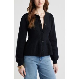 Treasure & Bond Pointelle Peplum Cardigan in Black at Nordstrom, Size Xx-Large