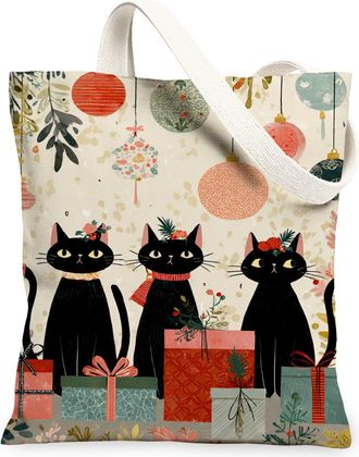 Generic Christmas Cat Canvas Tote Bags, Feline Pattern Reusable Grocery Bags, Winter Vintage Lightweight Washable Shoulder Strap Ca, Multicolor, 13x15 Inch