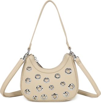 Generic Womens Faux Leather Shoulder Bag with Silver Eyelets, Grey Hobo Style Handbag with Crossbody Strap (Beige)