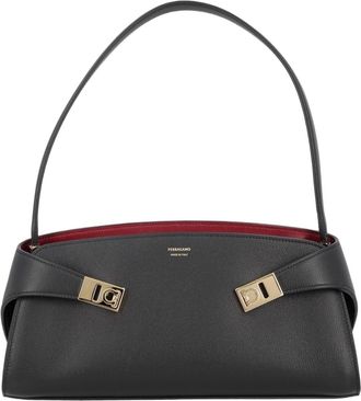 Ferragamo Black Gold Accent Calf Leather Shoulder Bag