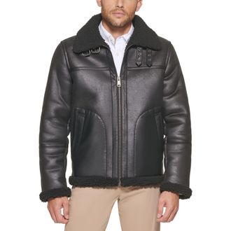 Tommy Hilfiger Mens Faux Shearling Aviator Jacket, Black, L
