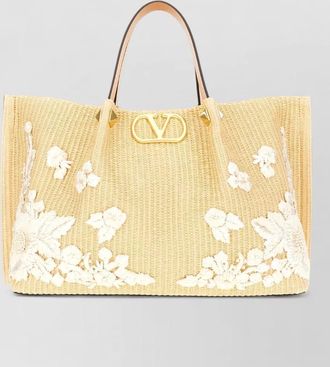 Valentino Garavani raffia tote bag floral embroidery dual handles