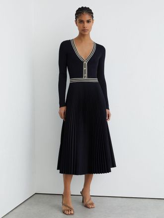 Reiss Navy Rib-knit Stripe-trim Pleated Midi Dress, XS