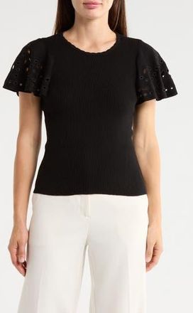 T Tahari Embroidered Eyelet Short Sleeve Sweater in Black at Nordstrom Rack, Size X-Small