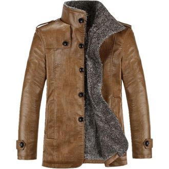 Generic Mens Button Faux Leather Jacket Casual Sherpa Fleece Lined coat Stand Collar Motorcycle Bomber Jackets, Brown, XL
