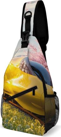 Generic Train Rapeseed Flowers Cherries Unisex Shoulder Bags Casual Crossbody Chest Bag Sling Backpack for Hiking Cycling Travel