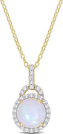 Amour 3 1/4 CT TGW Blue Ethiopian Opal and White Topaz Halo Pendant with Chain In Yellow Plated Sterling Silver