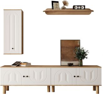 STILVORA Conjunto Mueble De Tv De Pared Con 1 Mueble De Tv, 1 Vitrina Y 1 Estante De Pared, Puertas Talladas, Para Sal&oacute;n, Tablero De Part&iacute;culas Y Mdf, Blanco Y
