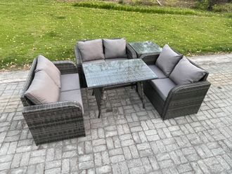 Fimous Rattan Garden Furniture Set 6 Seater Patio Outdoor Love Sofa Set with Rectangular Dining Table Side Table in Dark Grey
