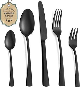 OEM Juego De Cubiertos De 30 Piezas Para 6 Personas - Acero Inoxidable Negro Mate - Cuchillo, Tenedor Y Cuchara - Apto Para Lavavajillas